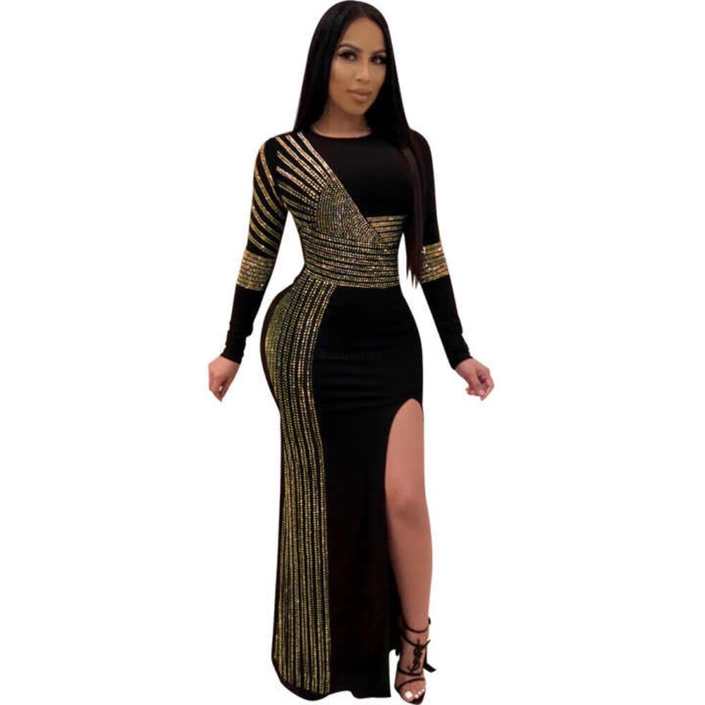 Black Gold Rhinestone Sexy Party Dress L